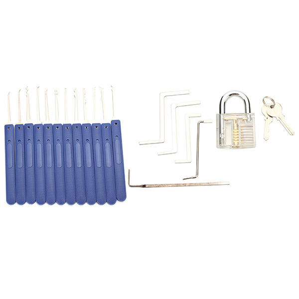 12pcs Blue Handle Unlocking Lock Pick Set Key Extractor Tool with Transparent Practice Padlock Lock Pick Tools