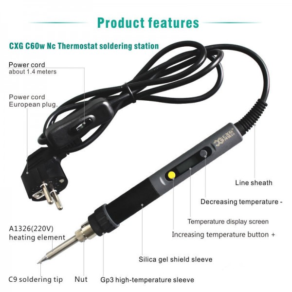 CXG C60W Digital Electric Soldering Iron LCD Backlight Adjustable Temperature with Power Swtich